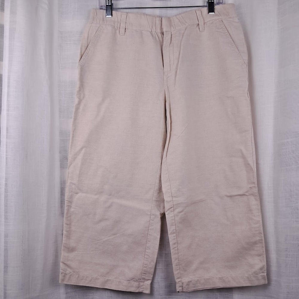 Liz Claiborne M Linen Blend Cropped Wide Leg Pants Oatmeal Beige Coastal Boho